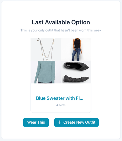 The last available unworn outfit, with an option to wear it or create a new one